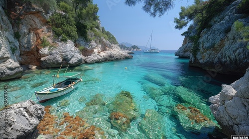  Idyllic Turquoise Bay with Boats and Rocky Shores
 photo