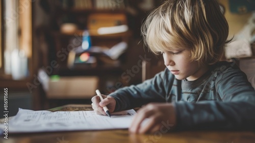 A young boy sitting at a desk, focused and writing on a piece of paper with a pen or pencil. photo