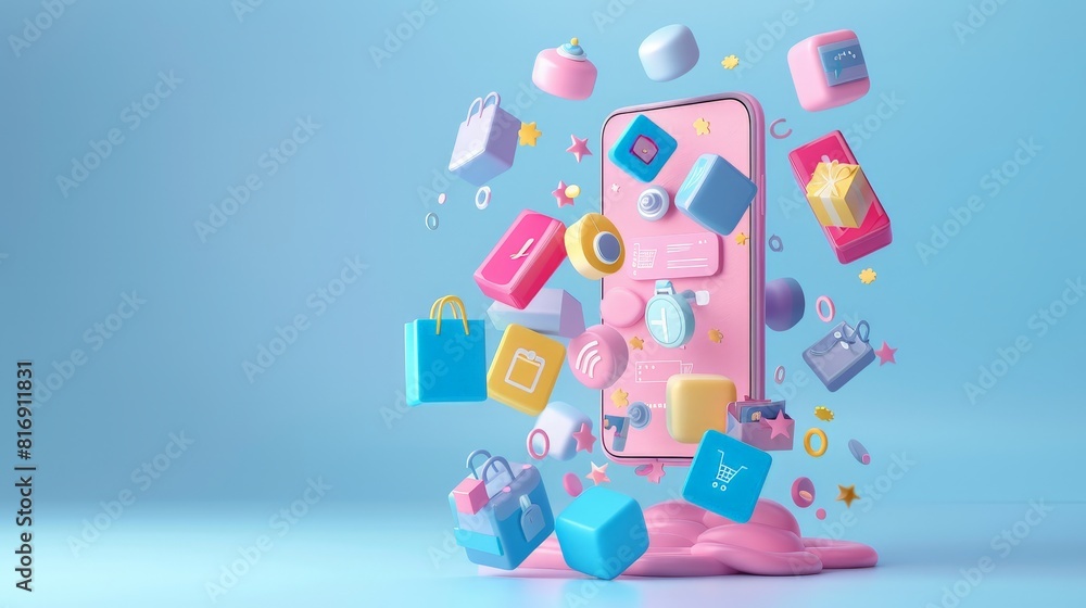 Abstract 3D model of a smartphone with exploding icons of shopping, discounts and digital payment solutions, pastel theme Abstract 3D model of a smartphone with exploding icons of shopping, discounts and digital payment solutions, pastel theme