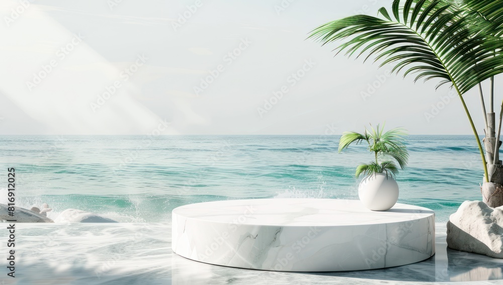 Tropical summer scene with white podium for product presentation, palm leaves and sea background.