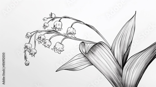 Black & White, Coloring Page Style, Pure White Background Drawing, Lily of the Valley, Fine Line Art, Pure Black Line Art, White Background, Simplicity, Stick Figure photo