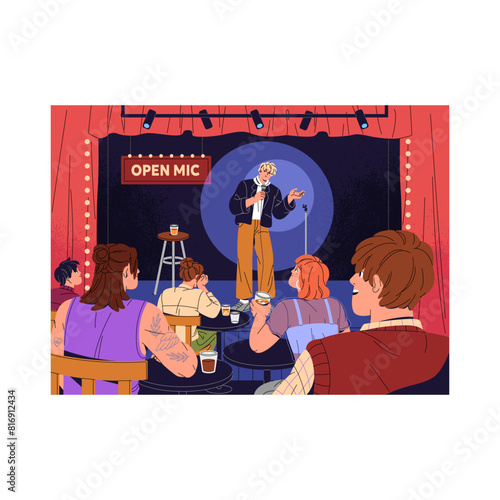 Comedian performs on Open mic. Comic talks, tells jokes with microphone to audience of stand up show. Spectators sit on the tables, listen to comedy performance, standup. Flat vector illustration © Paper Trident