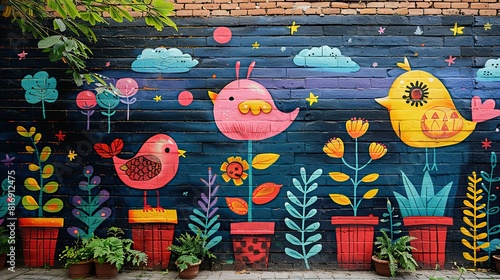 whimsical illustration painted on a brick wall, bringing a touch of fantasy and imagination to the urban landscape.illustration