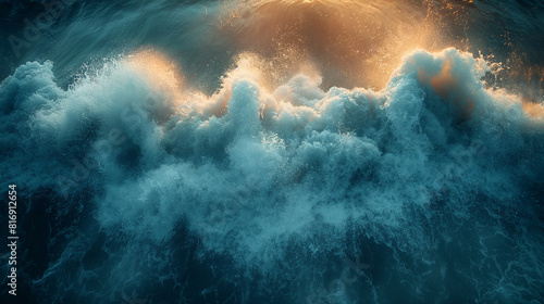 An atmospheric shot of abstract ocean waves crashing against the shore, with layers of foam and spray illuminated by the warm glow of sunlight, creating a dynamic and textured comp