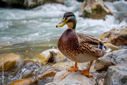 a cute duck on the bank of a river flowing over rocks © Julaini