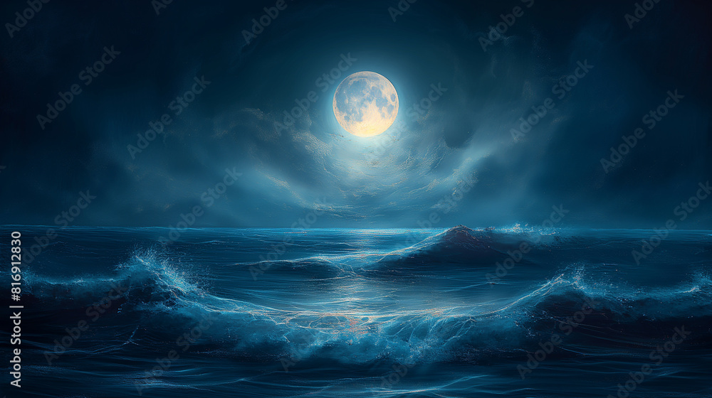 An atmospheric composition featuring abstract ocean waves illuminated by the soft glow of moonlight, with shimmering reflections and subtle gradients creating a dreamlike and ether An atmospheric composition featuring abstract ocean waves illuminated by the soft glow of moonlight, with shimmering reflections and subtle gradients creating a dreamlike and ether