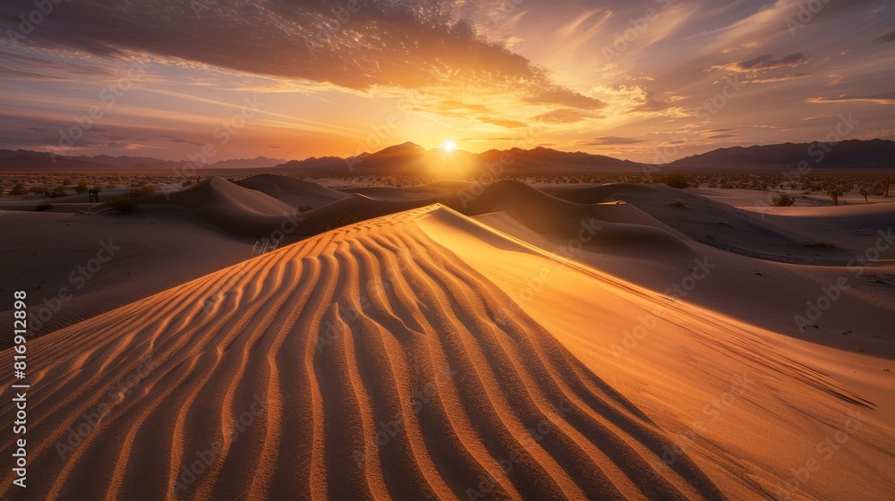 Golden sand dunes at sunrise for a nature or desert themed design