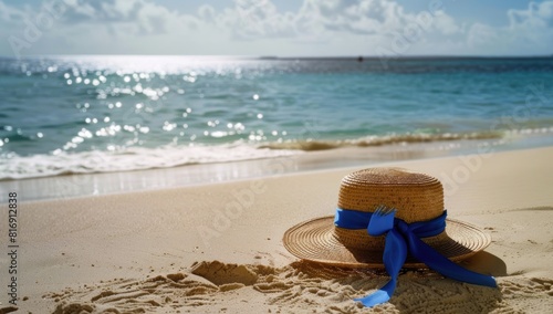 Summertime vacation concept. Time to relax. Last minute deals. Alarm clock with straw hat  starfish on the sand beach and sea background.