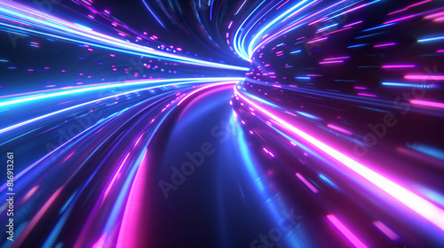 Dynamic abstract background featuring neon light trails in blue and pink, creating a futuristic and high-speed motion effect.