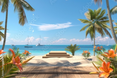 Beautiful tropical beach with having garden full of palm trees birds and beautiful flowers plants along with bight sun and clear sky background.