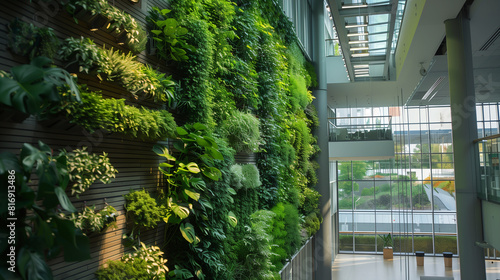 vertical garden in modern office, eco friendly office interior design 