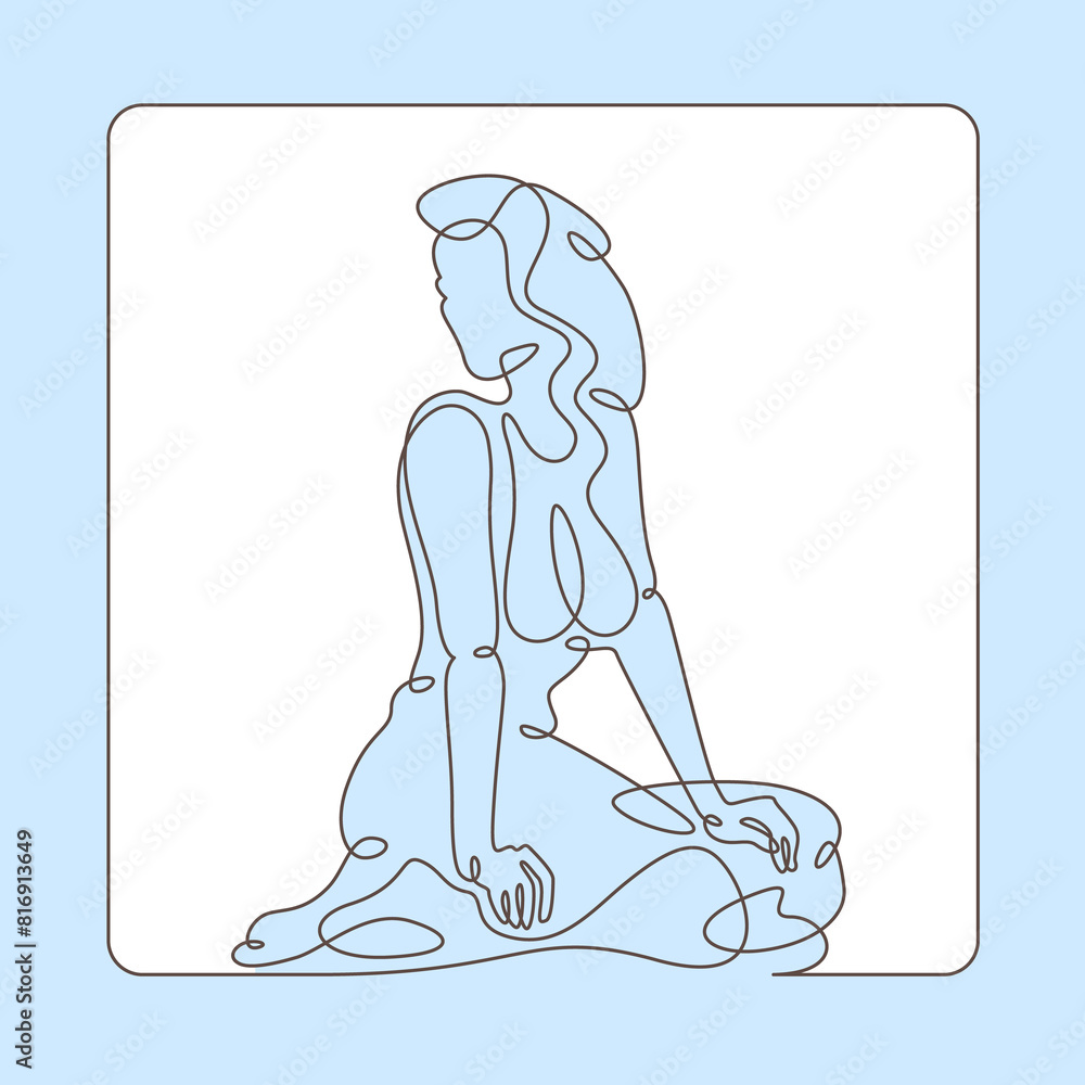 One continuous line.Romance. Beautiful girl sitting. Female character logo.One continuous drawing line logo isolated minimal illustration.