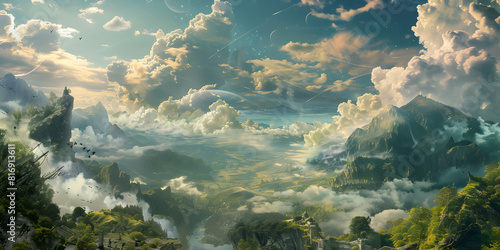 Majestic Landscape View with Cloudy Sky in Background, Ethereal Landscape Clouds Dance Over Vast Terrain