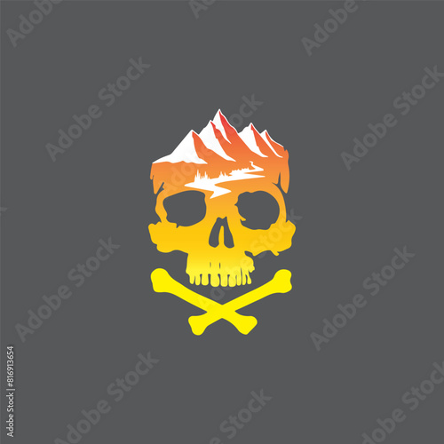 skull design and mountain scenery