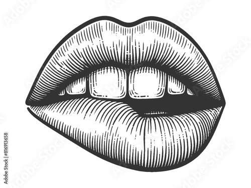 Girl bites her lip sketch engraving generative ai fictional character vector illustration. Scratch board imitation. Black and white image.
