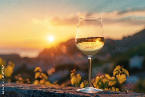 Wine glass on stone wall at sunset with sky backdrop