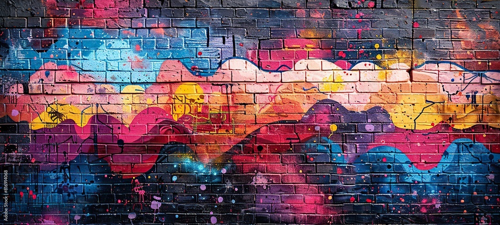 Obraz premium brick wall with a piece of street art that has been used as a backdrop for a film, television show, or music video, exposing street art to a wider audience.stock photo