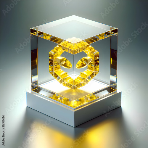 a photorealistic image of a small yellow 3D 'Bumble' logo encased in a luxurious transparent box.