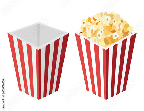 Flat popcorn box empty and full with popcorn. Popcorn is a staple snack for movie watching. Isolated on a white background. Vector image