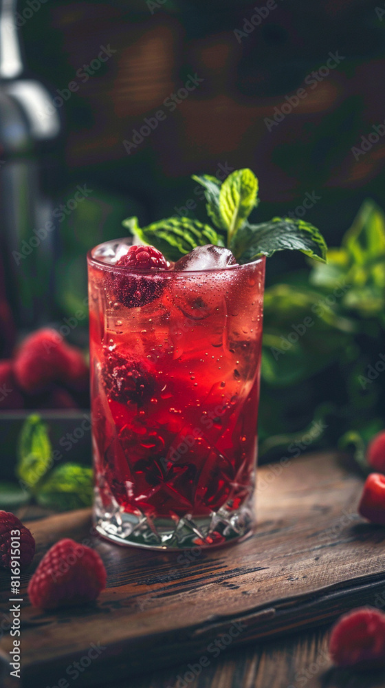 Raspberry cocktail with ice and mint