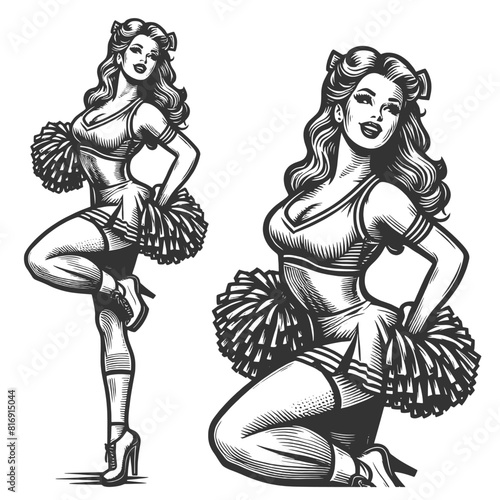 cheerleader in classic pin-up pose with pom-poms and a playful expression sketch engraving generative ai fictional character vector illustration. Scratch board imitation. Black and white image