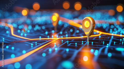 Abstract representation of a digital map with glowing location pins and illuminated routes, emphasizing navigation and modern technology for geolocation and travel. photo