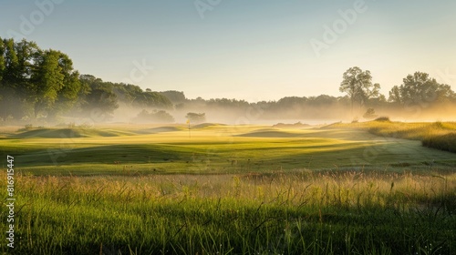 Golf course in the morning fog for sports or nature themed designs