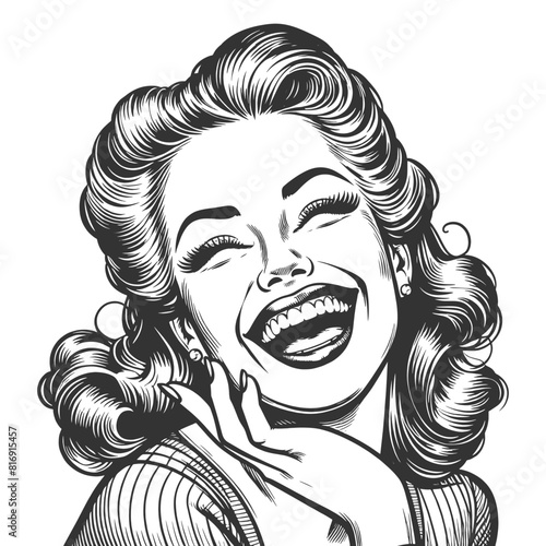 woman laughing heartily, her head thrown back in a moment of pure joy and infectious mirth sketch engraving generative ai fictional character vector illustration. Black and white image.