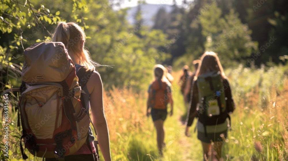 Obraz premium A diverse group of individuals wearing backpacks walking along a trail in a forested area.