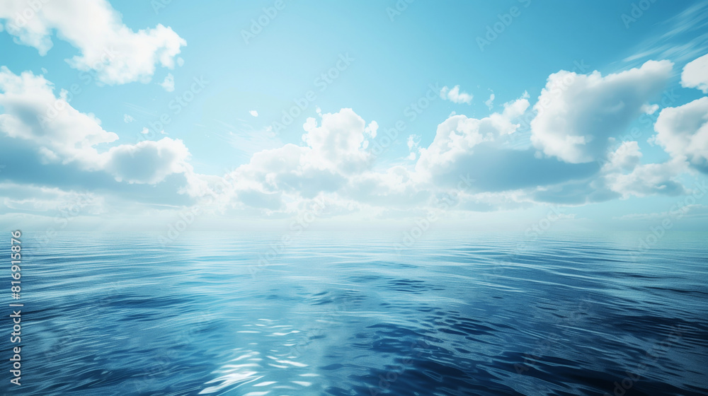 Fototapeta premium Tranquil ocean scene with rippling water under a bright blue sky filled with fluffy white clouds, evoking serenity and peace.