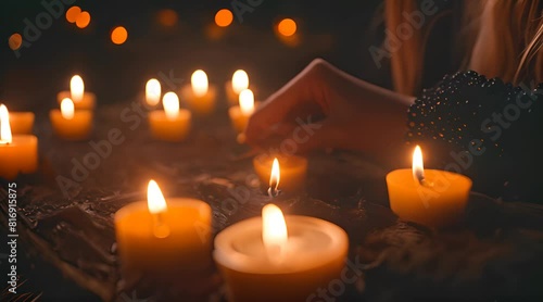A Witch's Ritual under the Full Moon, Invoking the Power of Black Witchcraft with Burning Candles and Sacrifices on Halloween, a Traditional American Holiday