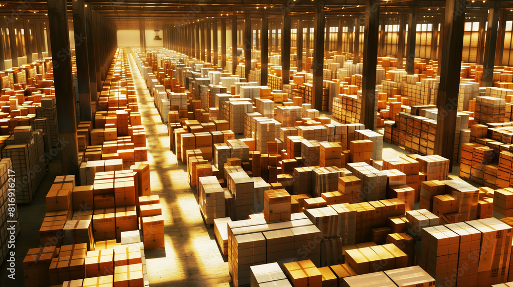 Spacious warehouse filled with neatly stacked cardboard boxes and parcels stretching into the distance, under the warm, industrial lighting. Spacious warehouse filled with neatly stacked cardboard boxes and parcels stretching into the distance, under the warm, industrial lighting.