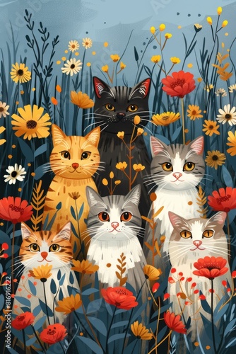 Wallpaper Mural Portrait of many cute cartoon cats and flowers in various colors Torontodigital.ca