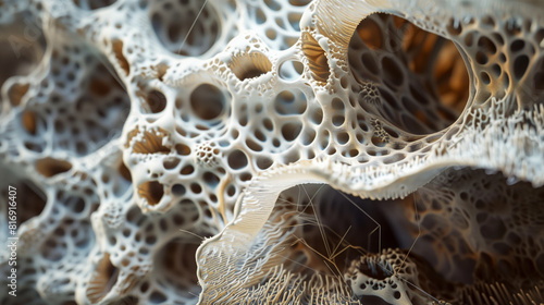 Close-up of a complex, organic, porous structure resembling a microscopic view of a bone or coral reef, highlighting intricate patterns and textures. photo