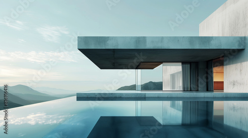 Modern minimalist house with expansive glass windows and an infinity pool overlooking mountain scenery. The architecture features clean lines and a cantilevered roof. photo