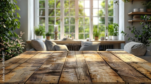 Cozy interior scene with a view of green garden - A warm and inviting interior scene  featuring a wooden table  soft lighting  and a view to a lush green garden through windows