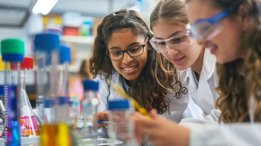 Three young women wearing lab coats are intensely focused on a project as they collaborate and conduct experiments in a laboratory setting. Three young women wearing lab coats are intensely focused on a project as they collaborate and conduct experiments in a laboratory setting.