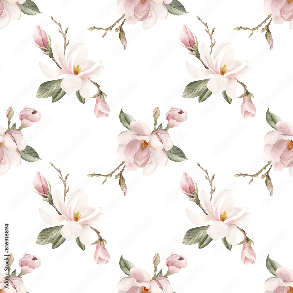 Light pink magnolia flower, buds, sprigs and leaves. Watercolor floral seamless pattern on white background for fabrics Light pink magnolia flower, buds, sprigs and leaves. Watercolor floral seamless pattern on white background for fabrics