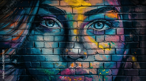 Street graffiti painting art with a woman s face on a brick wall