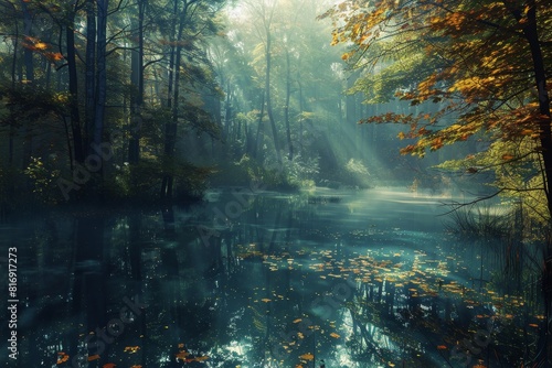 Autumnal forest with mist and sun rays on water - An autumn forest bathed in soft sunlight and mist over water strewn with fallen leaves