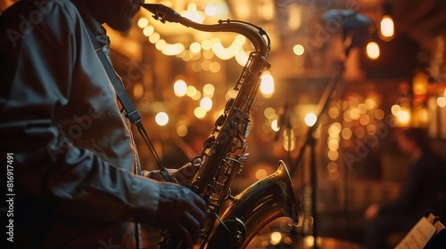 Musician Playing Saxophone in a Dimly Lit Setting