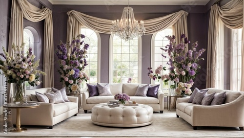 ソファと紫の花があるメルヘンな部屋の風景