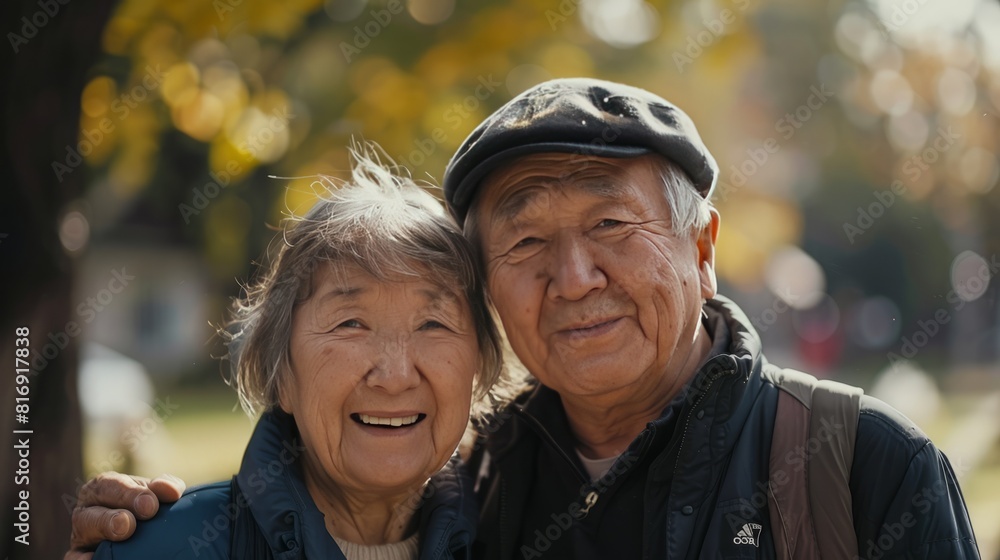 Portrait of an old couple in the park in the morning Portrait of an old couple in the park in the morning