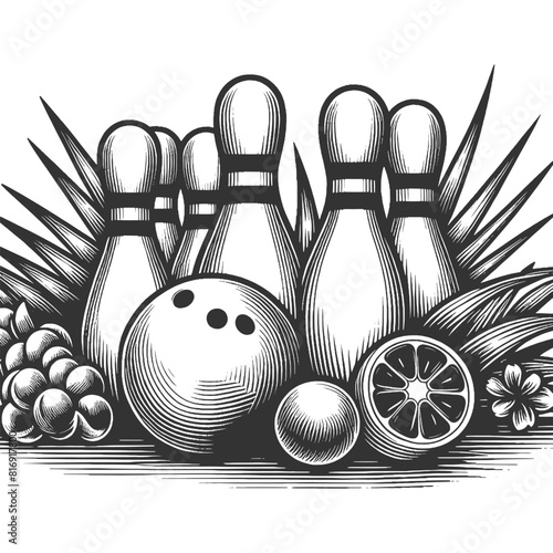 bowling pins with a single bowling ball, ideal for leisure and sport-themed designs sketch engraving generative ai vector illustration. Scratch board imitation. Black and white image.