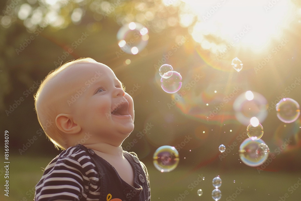 Little baby child laughing and blowing bubbles, happiness, happy baby, playing outdoors