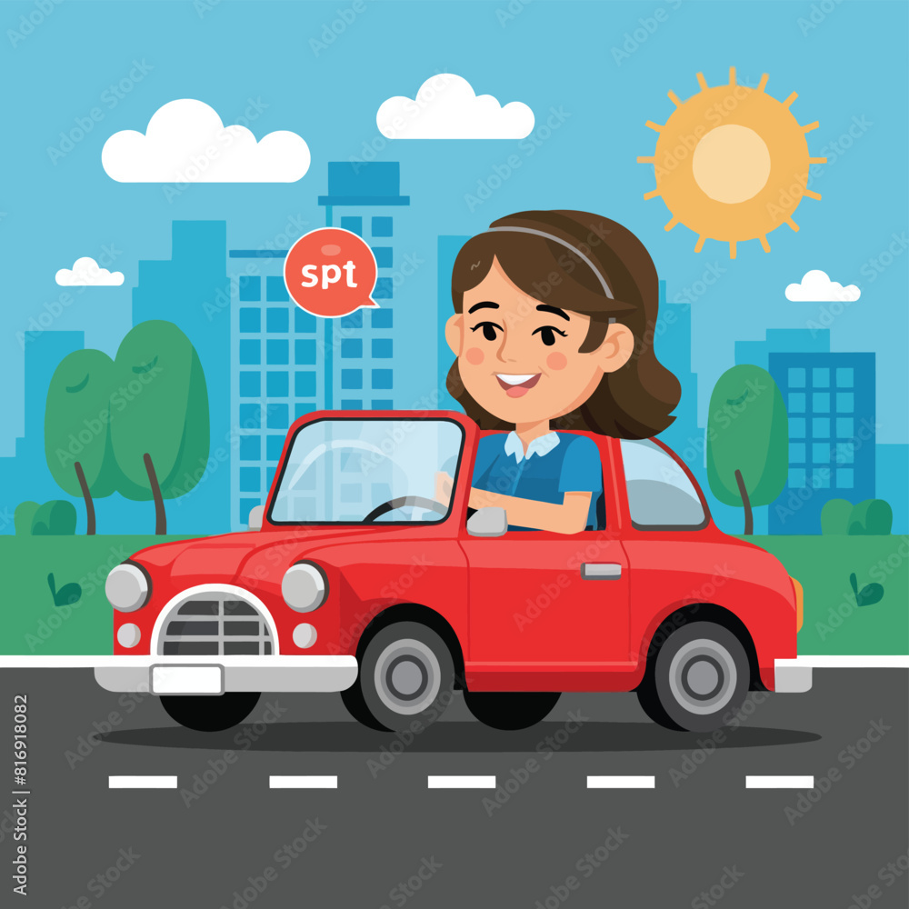 Vector flat illustration of a happy young woman driver sitting rides in his red car. Design concept of buy a new car
Vector flat illustration of a happy young woman driver sitting rides in his red car. Design concept of buy a new car