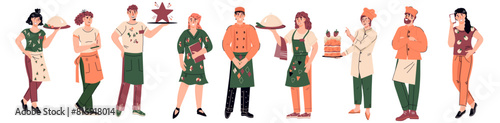 Restaurant and catering service team of chefs and waiters, managers, flat vector illustration isolated on white background. Restaurant staff characters standing in row.