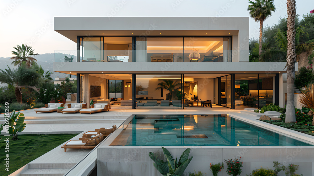 Obraz premium Serene Modern Home with Pool and Lush Landscape at Dusk, Generative AI