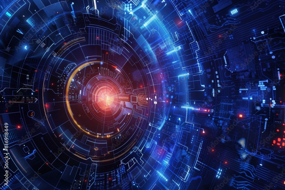Abstract digital scientific and technological backdrop with glowing elements and circuit patterns Abstract digital scientific and technological backdrop with glowing elements and circuit patterns