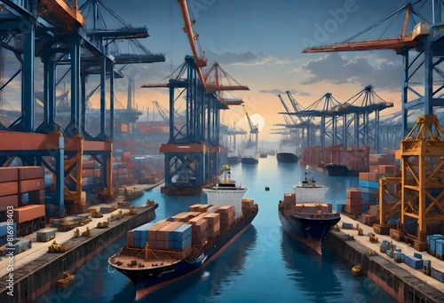 Ships and small vessels on water near the docks, Generative AI.